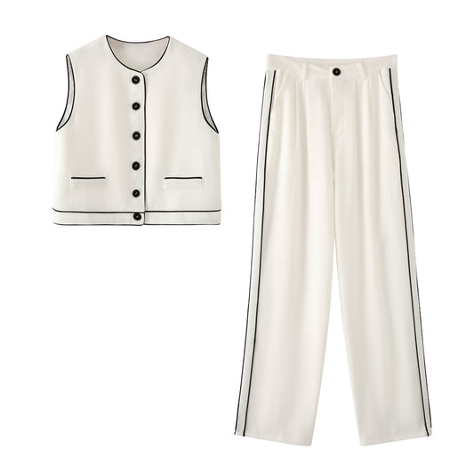 Women Clothing Contrast Color Trim round Neck Single Breasted Vest Casual Trousers Two Piece Sets