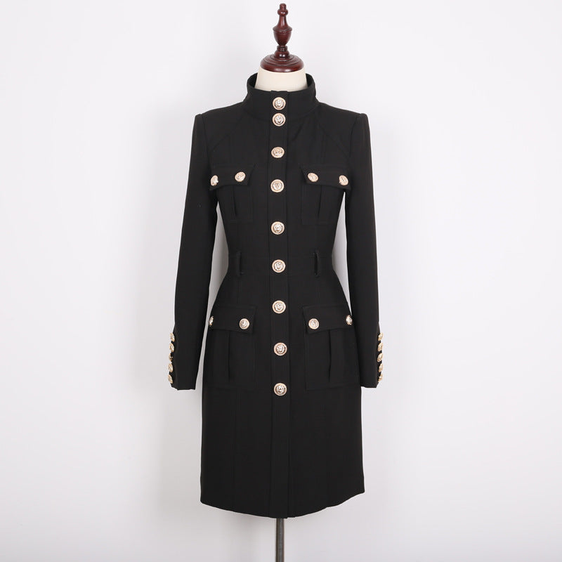 Black White Turtleneck Slim Rivet Lion Head Buckle Long Sleeve Dress Coat