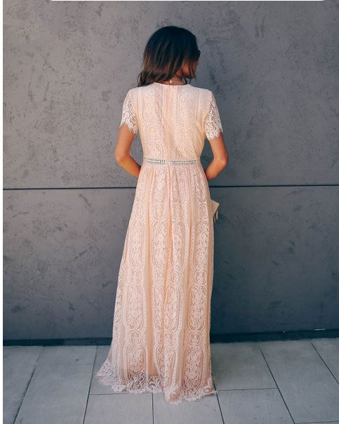 Summer Women Clothing V neck Short Sleeve Hollow Out Sexy Lace Maxi Dress