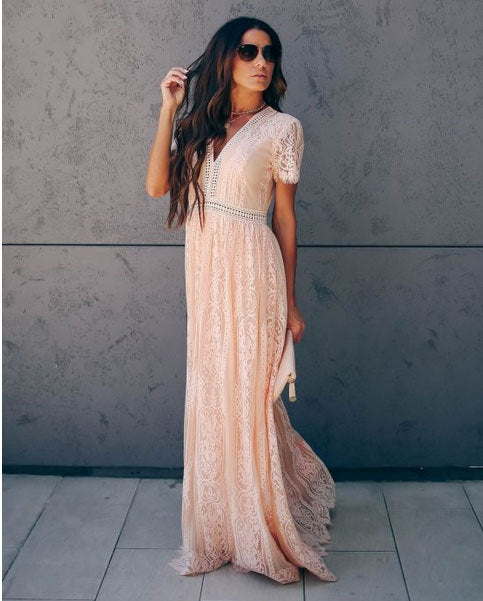 Summer Women Clothing V neck Short Sleeve Hollow Out Sexy Lace Maxi Dress