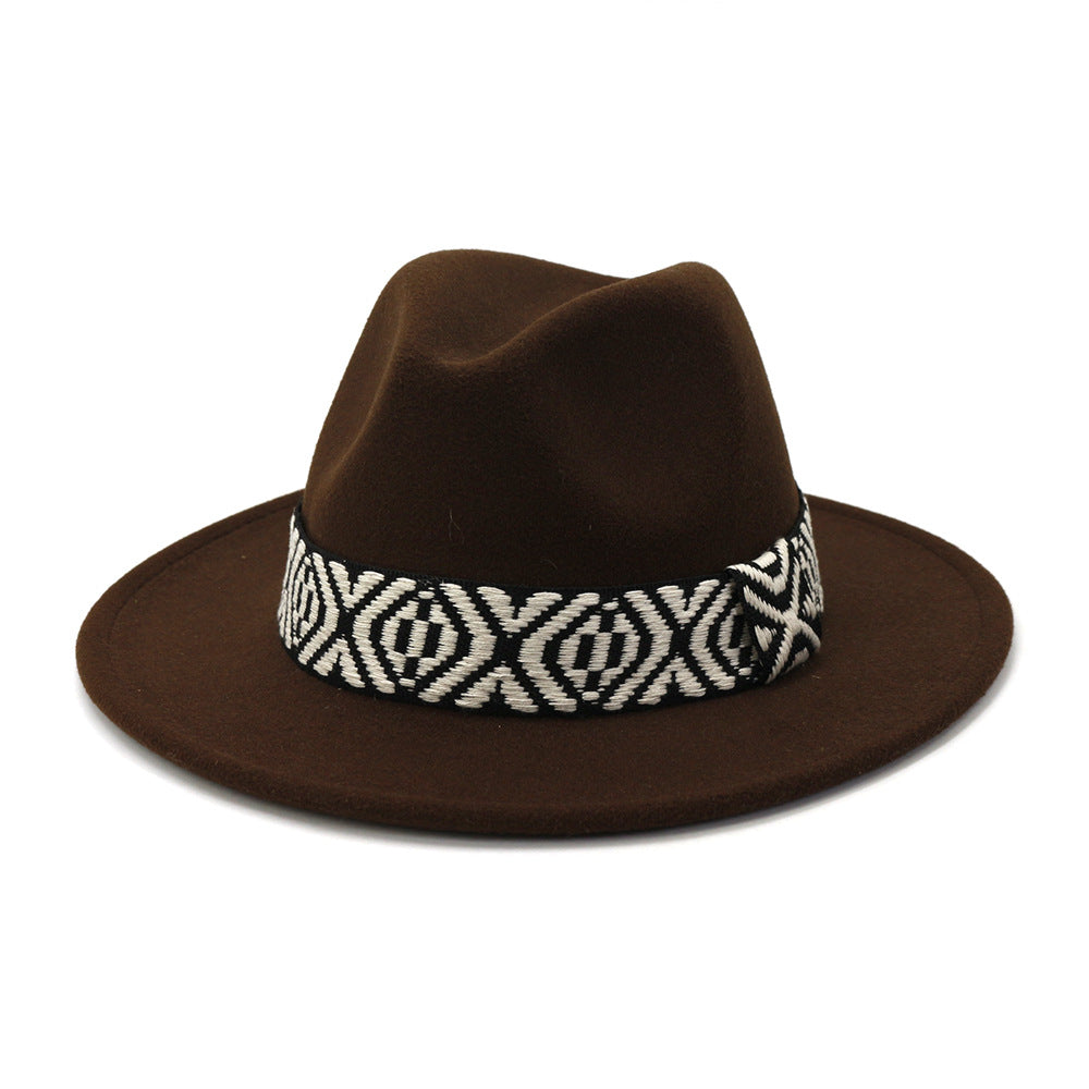 [Minimum order quantity is 2 pieces]Autumn Winter Woolen Jazz Top Hat Men Women Big Brim Hat FlatBrimmed Cap