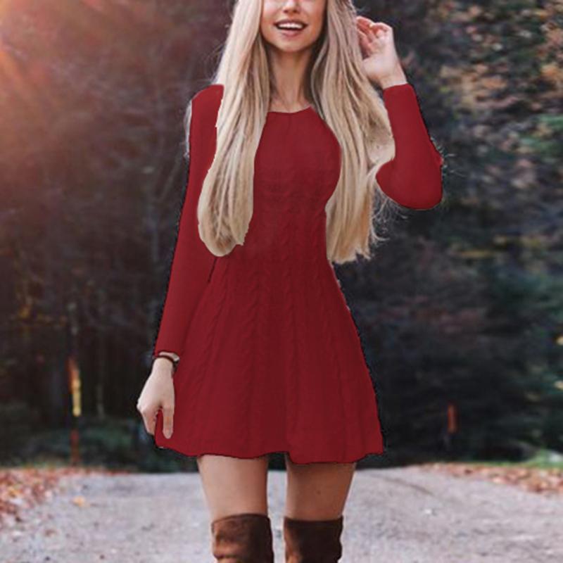 Autumn Winter Sweater Women Loose round Neck Knitted Sweater Dress Hair