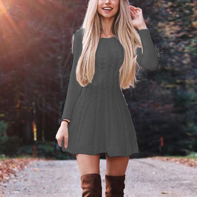 Autumn Winter Sweater Women Loose round Neck Knitted Sweater Dress Hair