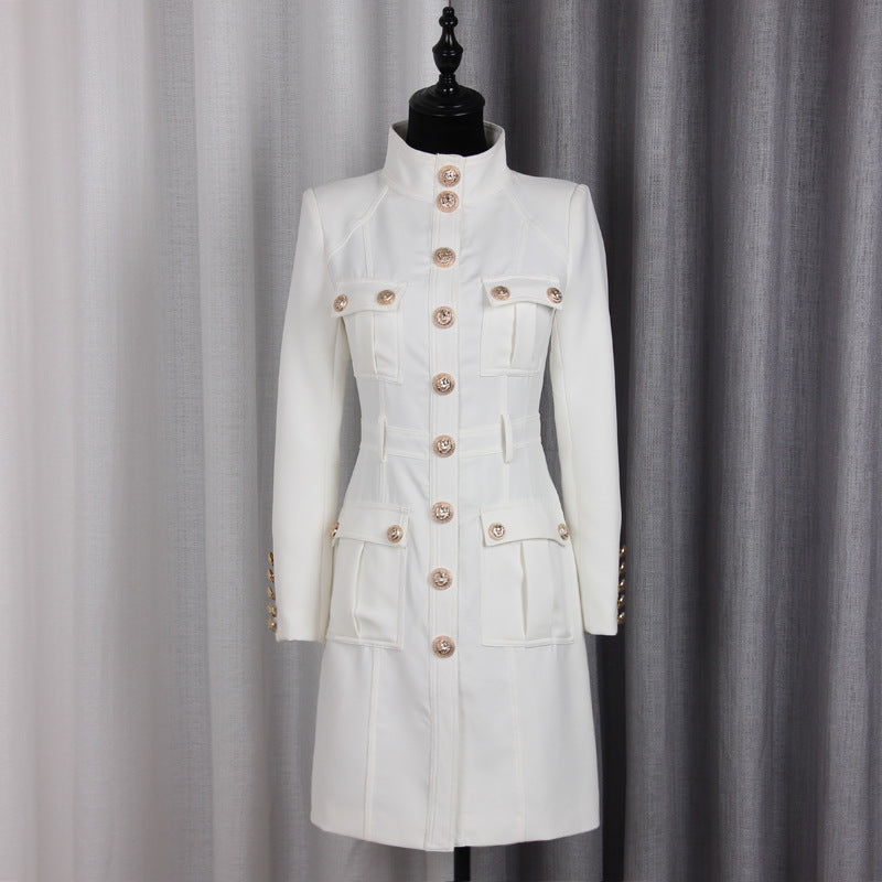 Black White Turtleneck Slim Rivet Lion Head Buckle Long Sleeve Dress Coat