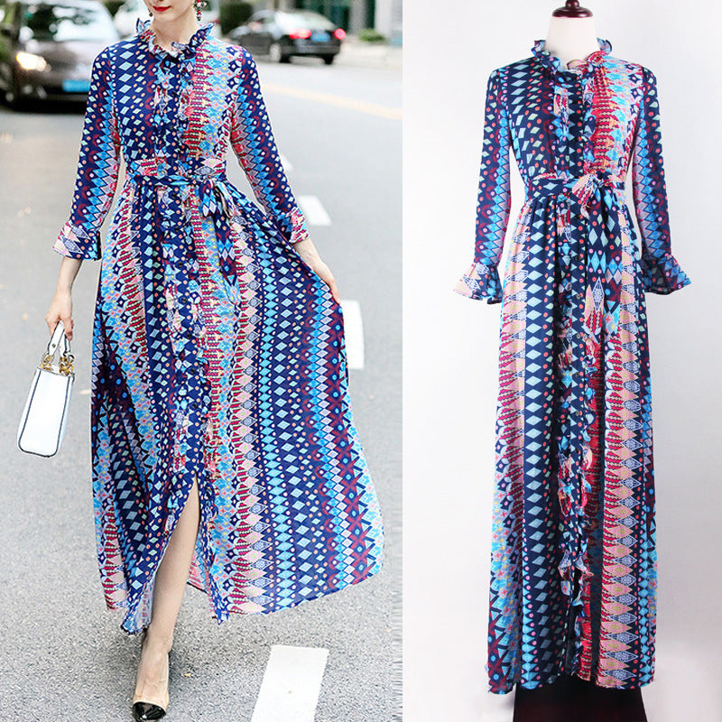 Spring Summer Women Clothing Wooden Ear Dress Geometric Abstract Print Flared Sleeve Cardigan Loose Dress