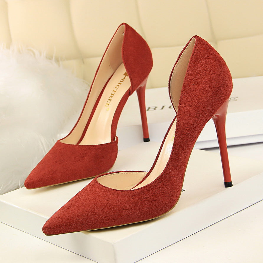 Simple Stiletto Heel Suede Shallow Mouth Pointed Toe Sexy Nightclubs Thinner Side Hollow Out Cutout Pumps