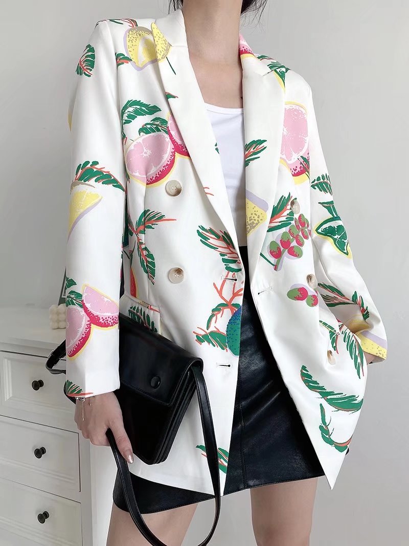 Autumn Fruit Printed Double Breasted Casual Blazer