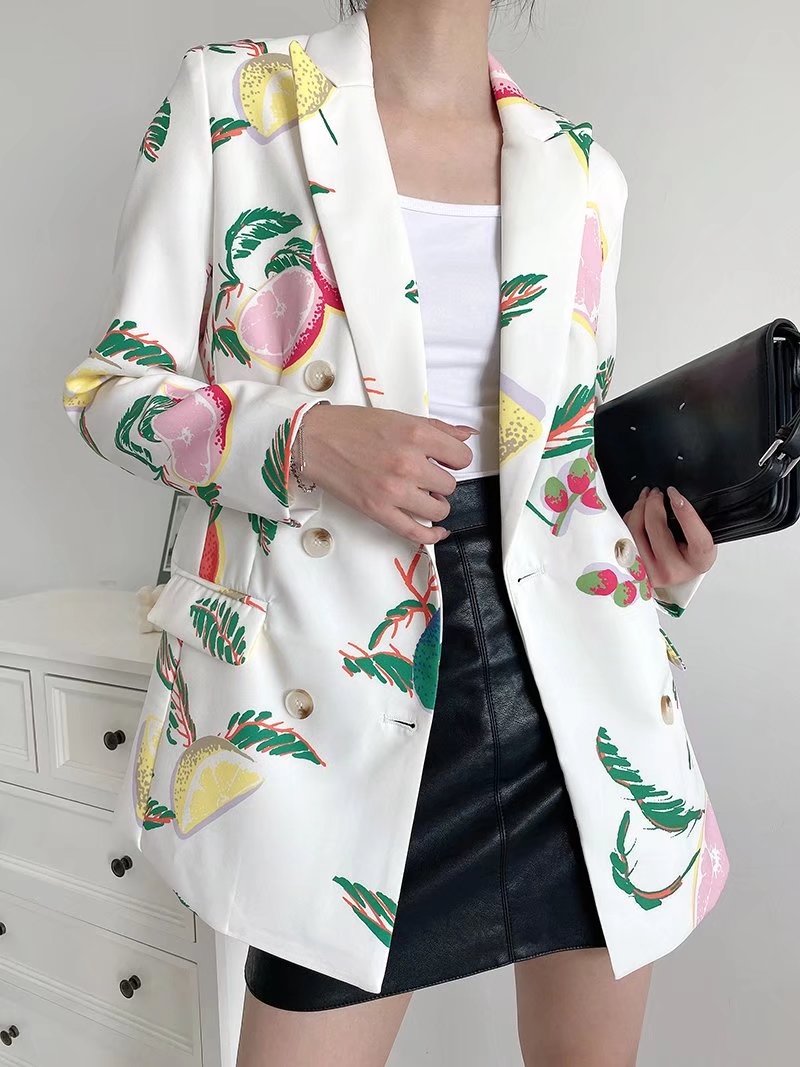 Autumn Fruit Printed Double Breasted Casual Blazer