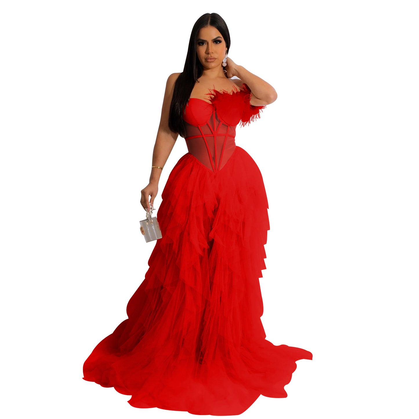 Women Wear Solid Color Sleeveless Corset Mesh Maxi Dress Dress