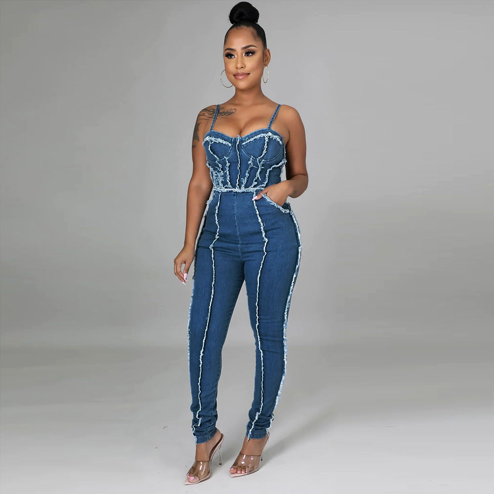 Sexy Cutout Tassel Zipper Spaghetti Straps Corset Cowboy Siamese Pants