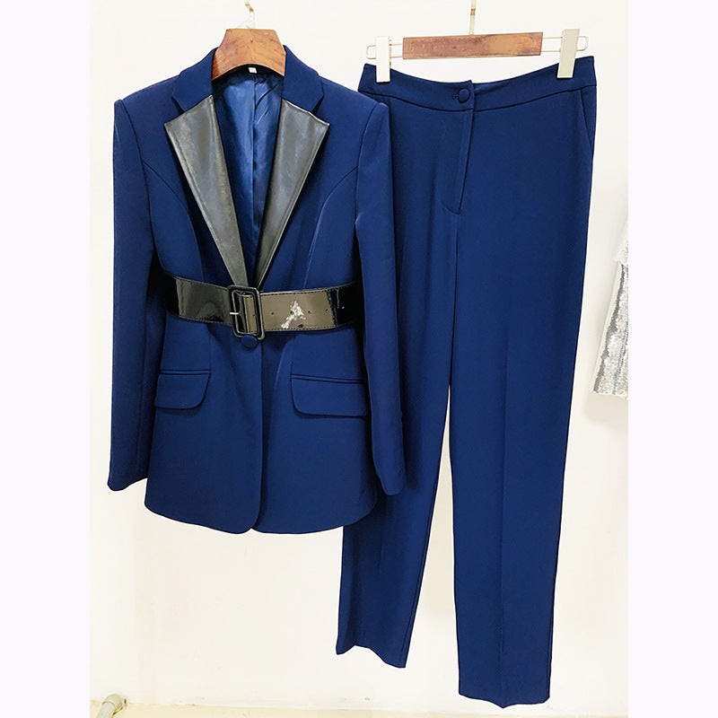 Leather Patchwork Collar Belt Mid Length Work Pant Blazer Suit Set Two Piece Set