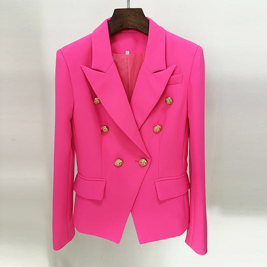 Quality Stars Metal Lion Head Button Double Breasted Slim Blazer Fluorescent Powder