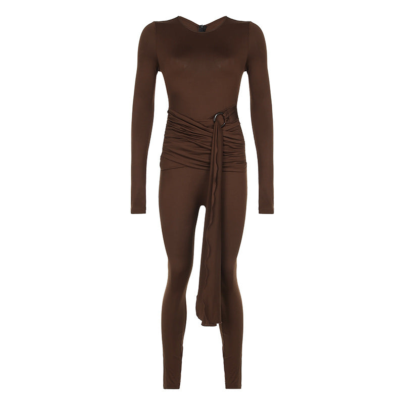 Women Ring Stitching Cross Pleated Ribbon Corset Inner Wear Base Fall Winter Tight Jumpsuit