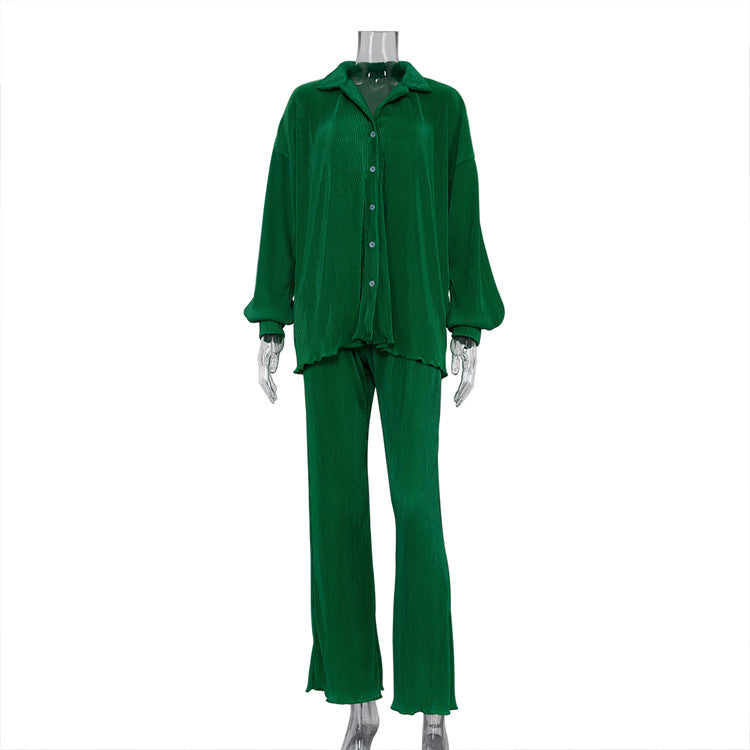 Long Sleeve Collared Pleated Shirt Women Wide Leg Mopping Drape Pleated Trousers Suit