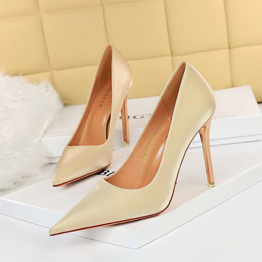 Sexy Slimming Stiletto Heel Satin High Heel Low Cut Pointed High Heels Women Shoes