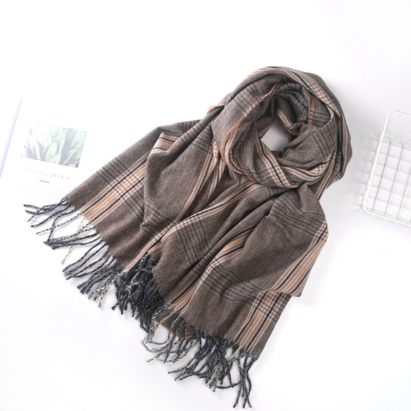 Autumn Winter Thin Barbed Fringe Plaid Scarf Women High Sense Scarf Shawl Vintage Scarf