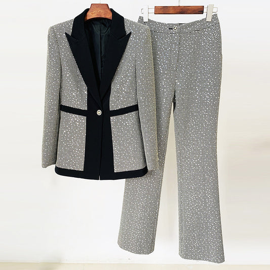 Elegant Sequ Small Plaid Colorblock Work Pant Two Piece Set