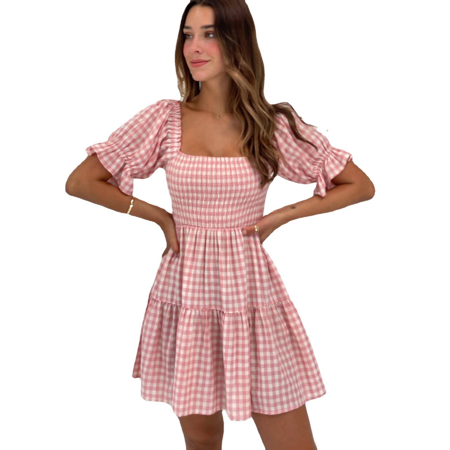 Summer Printed Checks Pleated Corset Casual Dress