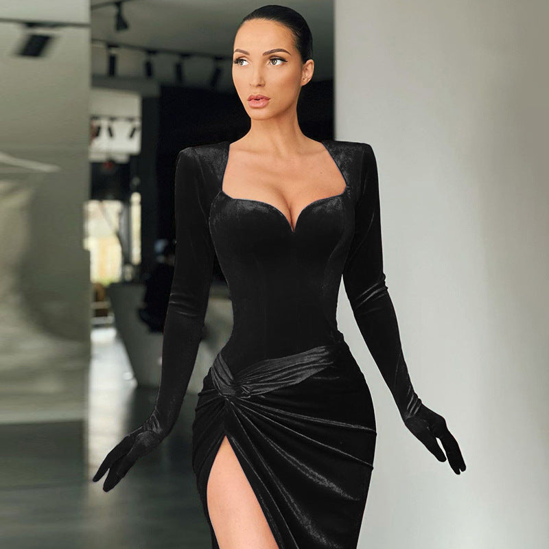 Women Clothing Autumn Winter Elegant Slim Sexy Push up High Waist Gloves Korean Velvet Dress Dress