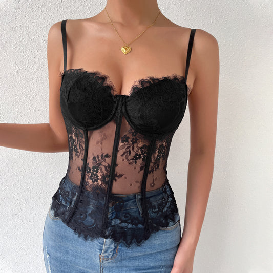 Sexy Sexy Lace See through Boning Corset Eyelash Slim Fit Figure Flattering Sleeveless Women