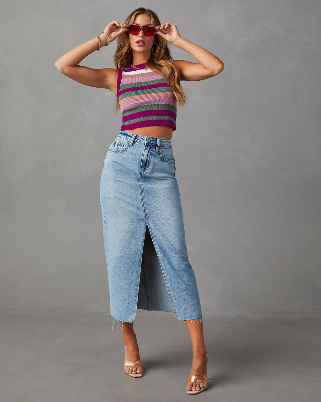 Split Denim Skirt High Waist Wash A Line Skirt Mid Length Skirt Women