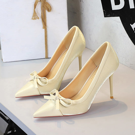 Cocktail Satin Stitching Stiletto Heel High Heels Women Graceful Bow Pointed Toe Low Cut Shoes
