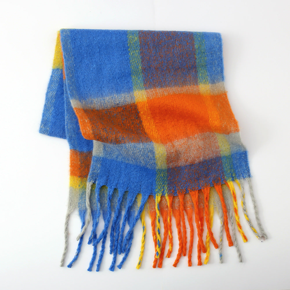 Autu'mn Winter Rainbow Plaid Cashmere like Tassel Scarf Women Mohair Thickening Shawl Warm Scarf