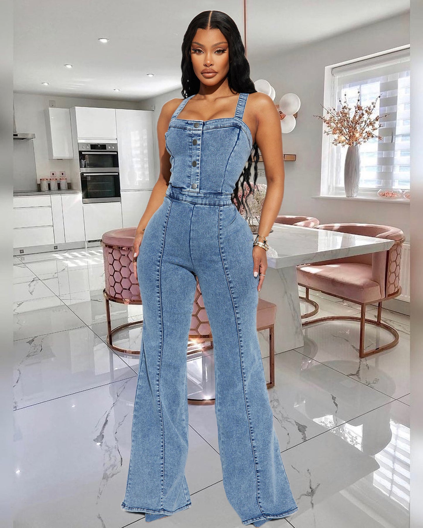 Platform Women Casual Sexy Strap Denim Jumpsuit Wide Leg Pants Bell Bottom Pants