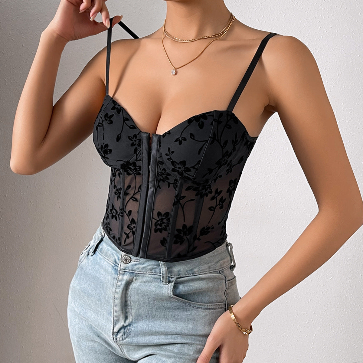 Women Sexy Low Cut See through Sling Stitching Mesh Boning Corset Waist Short Top Women