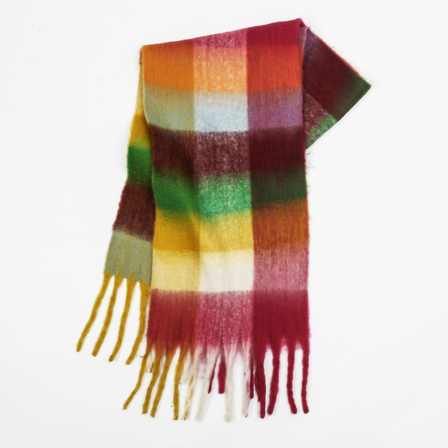 Women Color Matching Mohair Scarf Autumn Winter Warm Thickening Lattice Tassel