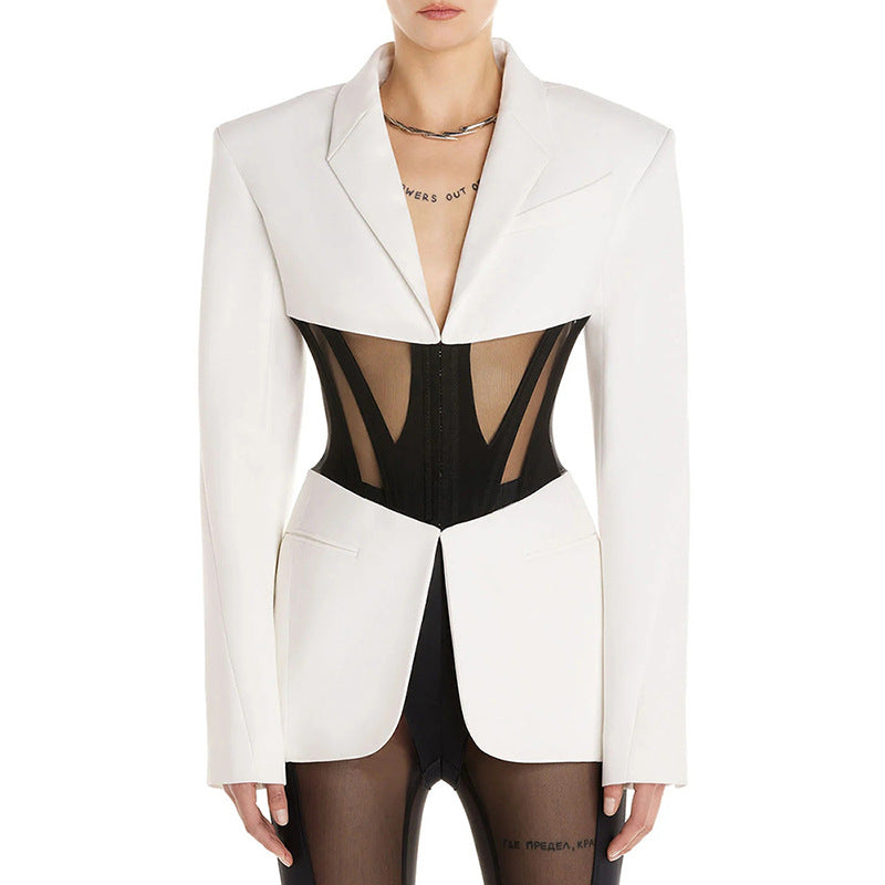 Personality Sheer Mesh Boning Corset Slim Fit Patchwork Blazer