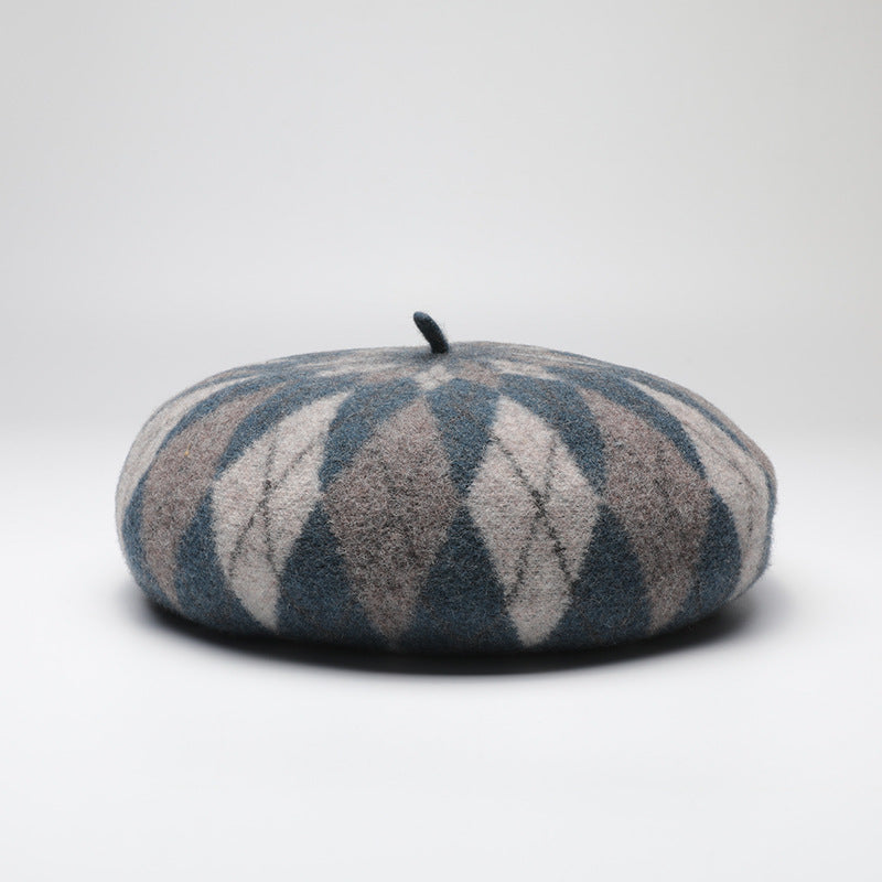 Contrast Color Wool Beret Casual Autumn Winter Warm Thickened Plaid All Matching Painter Cap