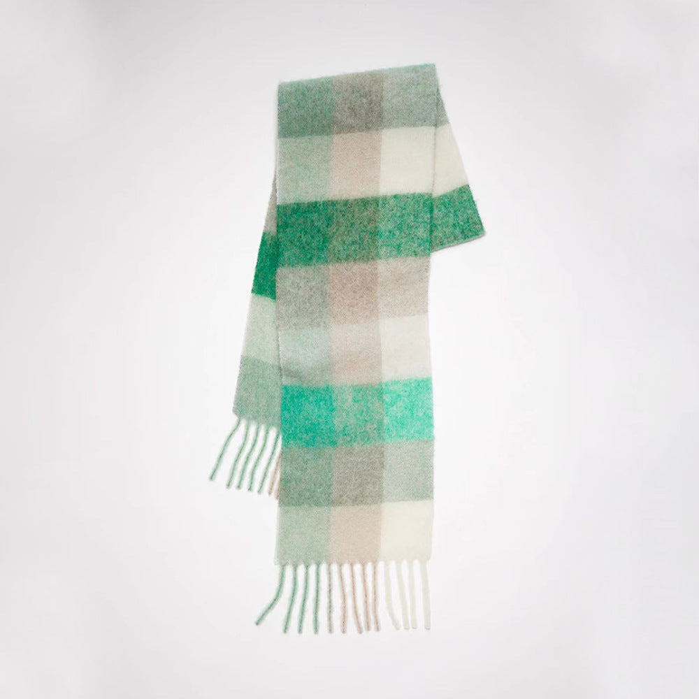 Women Plaid Scarf Winter Warm Plaid Rainbow Tassel Cashmere like Shawl Scarf