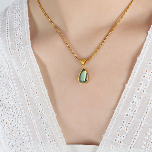 Olive Green Blue Water Drop Embellished Necklace Women Non Fading Special Interest Design Non Fading Lover Jewelry