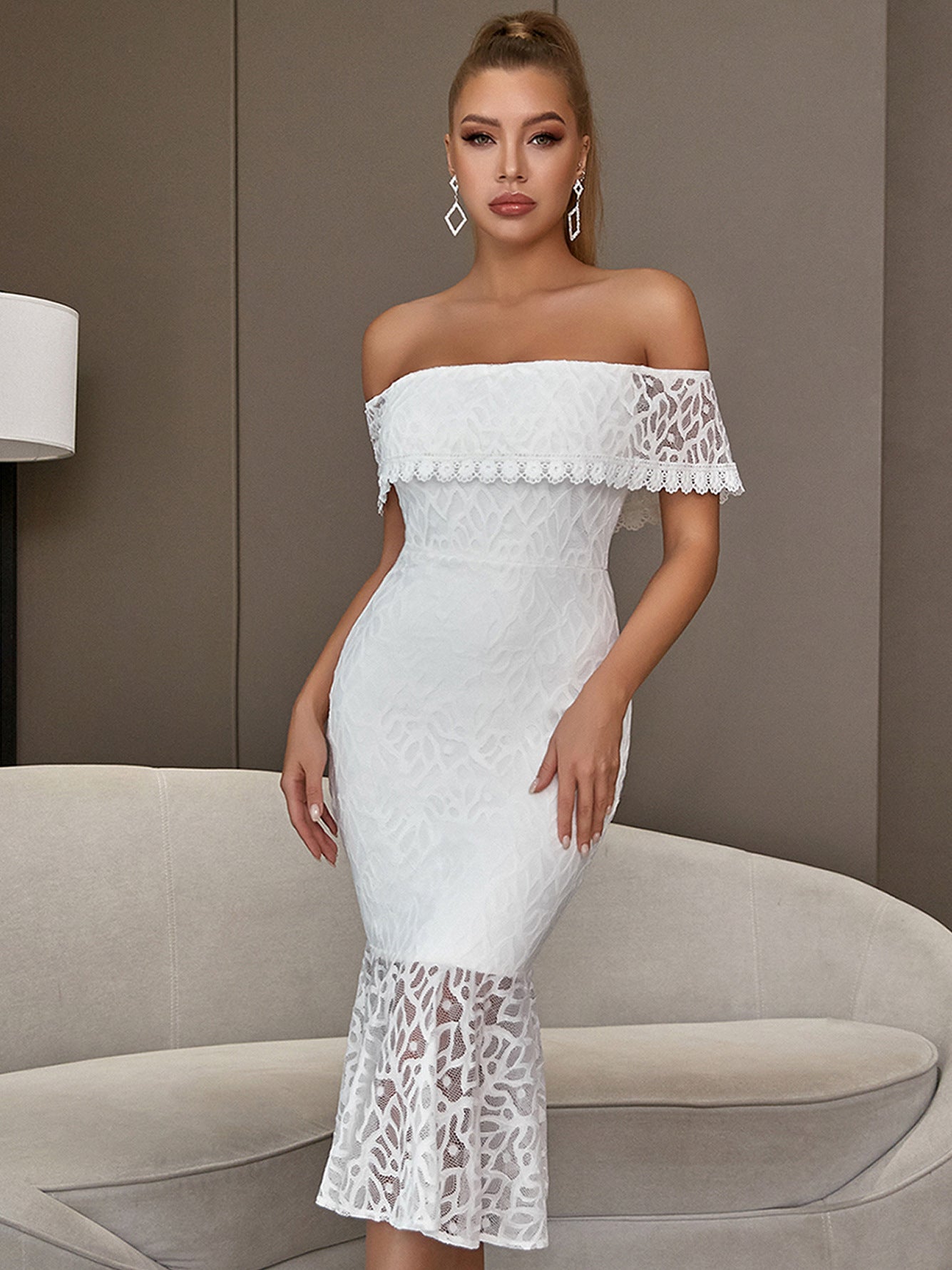 Summer White off-Shoulder Lace Office High Waist Corset Fishtail Medium Long Bandage One-Piece Dress