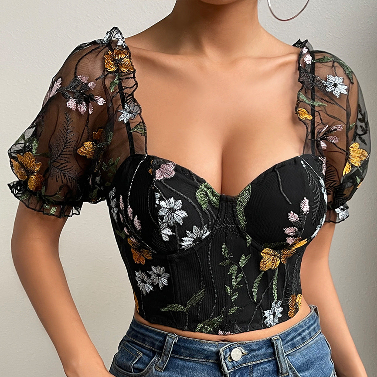 Mesh Floral Embroidered Breasted Puff Sleeve Boning Corset Short Slim Fit Sexy Top