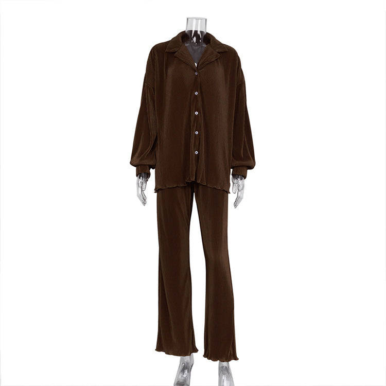 Long Sleeve Collared Pleated Shirt Women Wide Leg Mopping Drape Pleated Trousers Suit