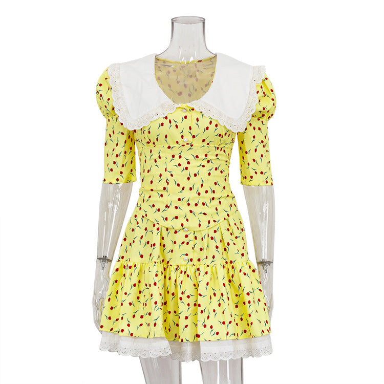 Summer Peter Pan Collar Short Sleeve Floral Dress Graceful Fashionable Tight Waist Pettiskirt