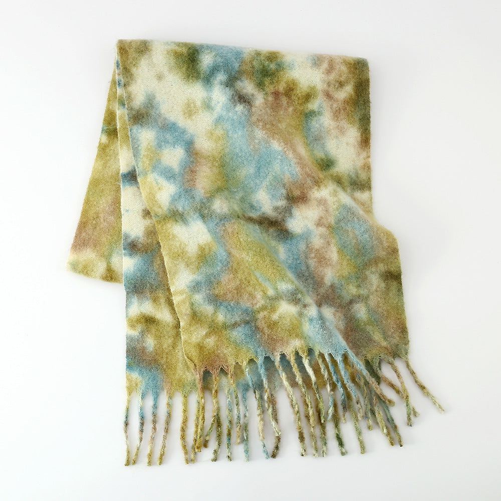 Scarf Women Woven Circle Yarn Mohair Spray Dyed Printing Gradient Color Lengthen Thicken Scarf