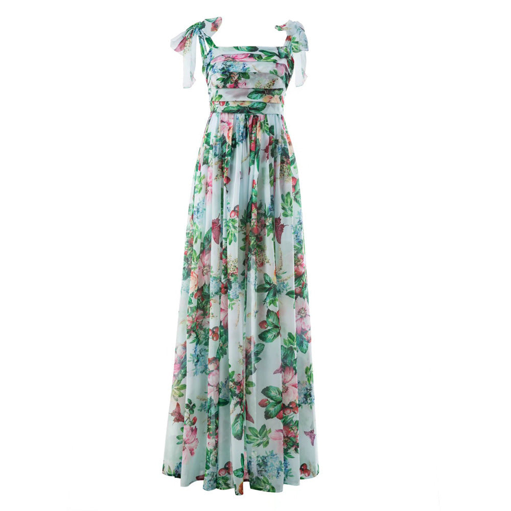 Summer Women Rose Print Pleated Wrapped Chest Wide Hem Flowy Strap Dress Women