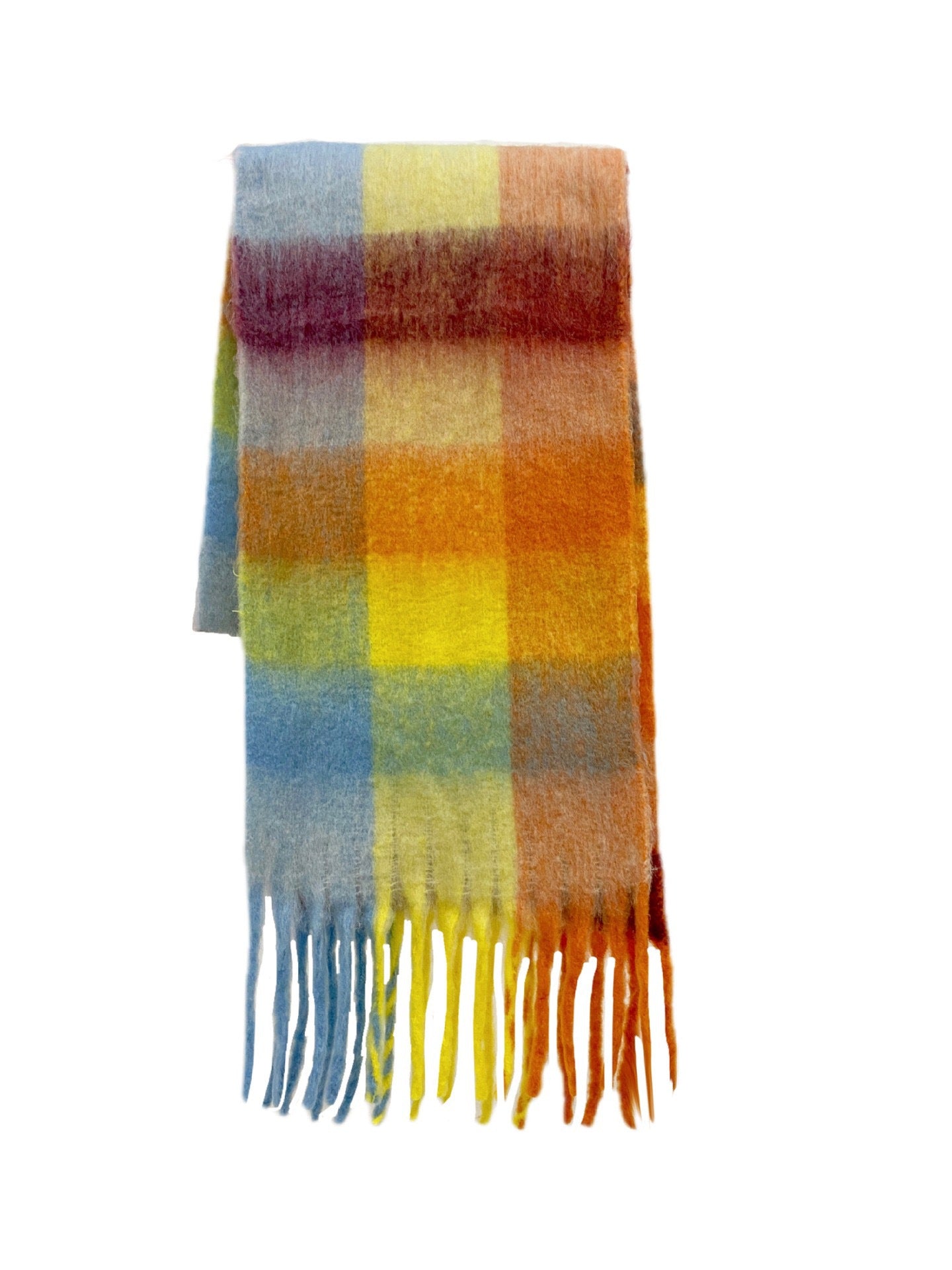 Women Plaid Scarf Winter Warm Plaid Rainbow Tassel Cashmere like Shawl Scarf