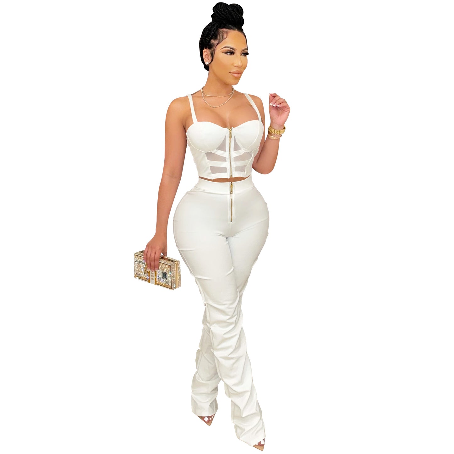 Solid Color Sexy Women Clothing Spaghetti Straps Corset Zipper Vest Pants Two Piece Set