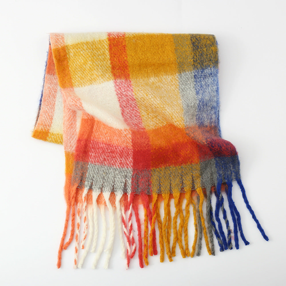 Scarf Women Autumn Winter Thickened Warm Circle Yarn Tassel Plaid Scarf Shawl