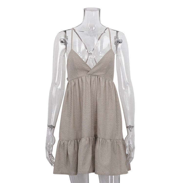 Early Spring Retro A  line Slip Dress Sexy Sexy Pleated Cotton Linen V neck Dress