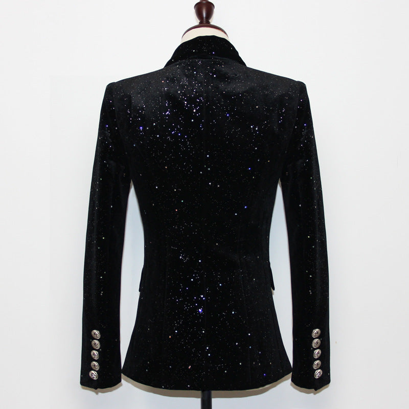 Spring Autumn Blazer Starry Sequined Silver Buckle Waist Tight Velvet Small Blazer for Women