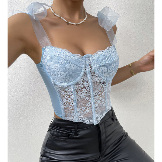 Lace Floral Strap Mesh Hollow Out Cutout Diamond Boning Corset Vest Women Clothing