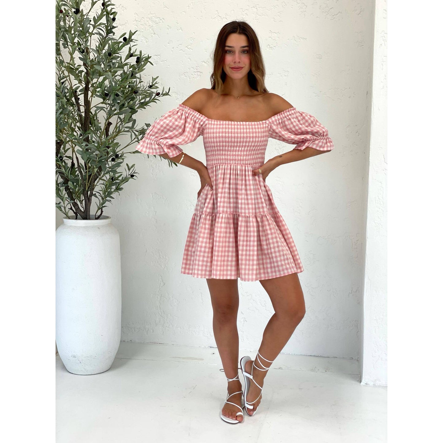 Summer Printed Checks Pleated Corset Casual Dress