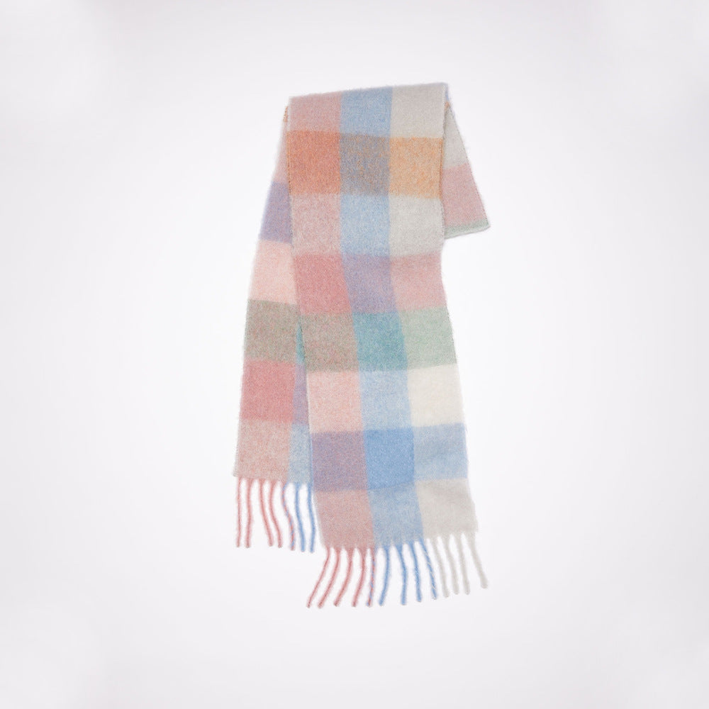 Women Plaid Scarf Winter Warm Plaid Rainbow Tassel Cashmere like Shawl Scarf