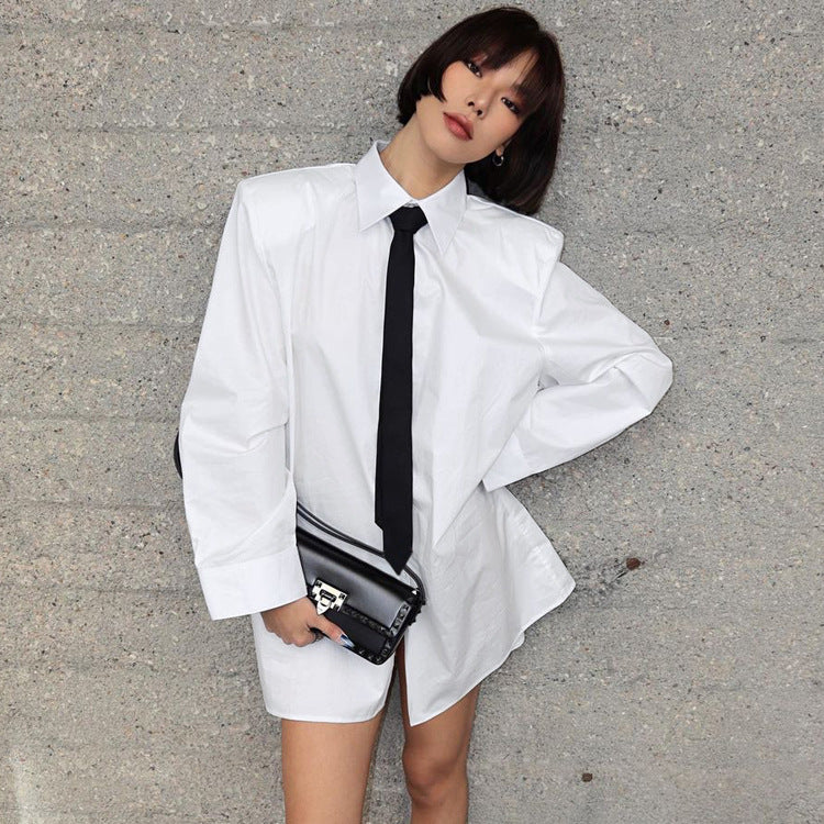 Spring Women Cotton Long Sleeved Shirt with Black Tie Loose Long White Shirt