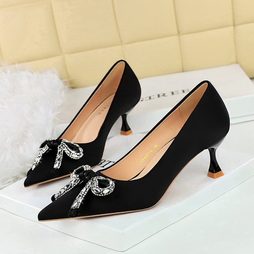 Light Luxury Rhinestone Bow Pointed Stiletto Mid Heel Satin Pumps Wine Cup Heel Women Shoes